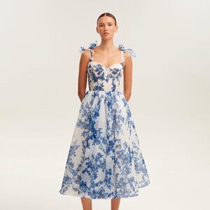 Blue Flutter Sleeve Sweetheart Midi Dress
